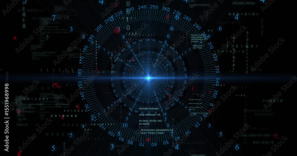 Poster displaying central blue point and rings on virtual display with code snippets and data clusters