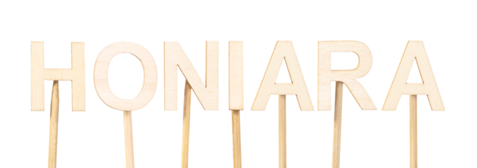Honiara, capital of Solomon Islands, illustrated with wooden sticks forming the name letter by letter