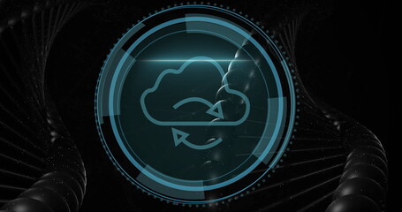Glowing HUD interface showing syncing cloud icon with arrows in virtual space, with helical strands