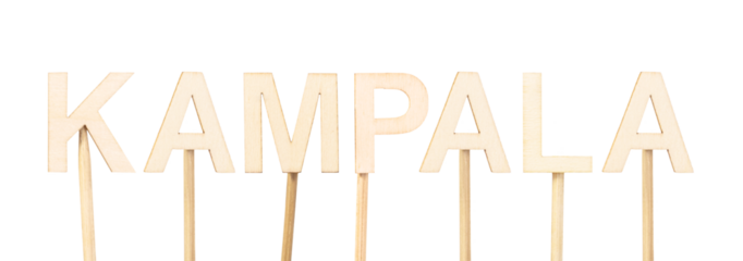 Kampala, capital of Uganda, mounted in clear wooden letters on a white background, a clear visual representation for maps, education or tourism