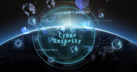 Displaying digital interface showing Cyber Security at edge of space, with rings and globe icons