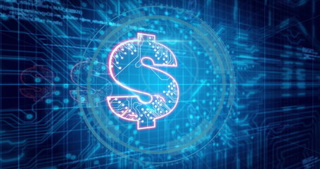 Glowing neon dollar sign showing circuit traces in virtual network, with alphanumeric code overlay