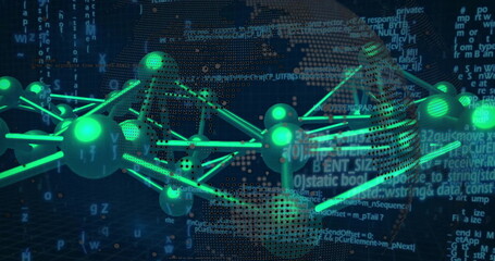Floating 3D network structure glowing above dark grid floor, with green spheres and code overlays