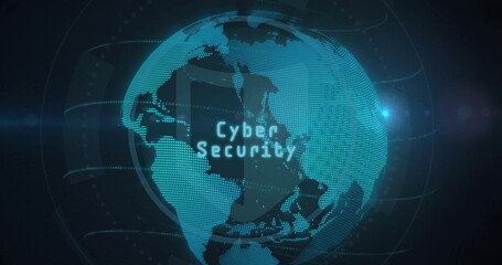Showing holographic globe rotating in cyber interface with glowing Cyber Security and data rings