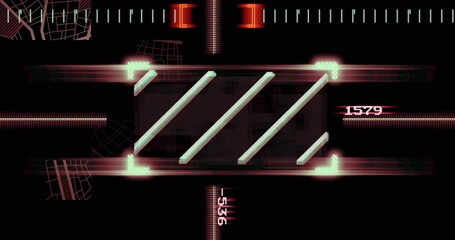 Showing glowing targeting frame with cyan bars, readouts and glitch lines on digital display panel