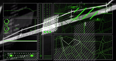 Futuristic HUD interface overlaying control station display, with line graph and map overlays