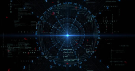 Displaying central blue point and rings on virtual display with code snippets and data clusters