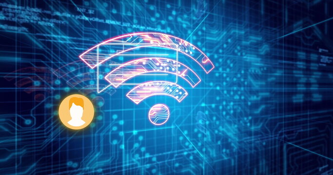 Glowing neon Wi-Fi symbol shining on circuit trace grid in cyberspace, with user avatar icon