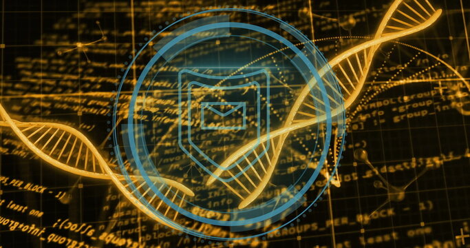 Floating holographic interface in cyber grid, with golden DNA helices and shield envelope icon