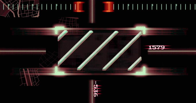 Showing glowing targeting frame with cyan bars, readouts and glitch lines on digital display panel