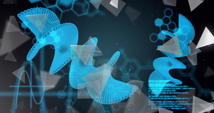 Floating three glowing helixes spiraling in interface with shards hexagonal grid and scrolling code