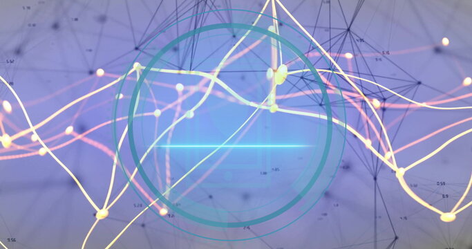 Animating teal HUD circle pulsing over network graph, with yellow white pink wavy lines and nodes