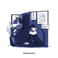 Depression, in line design. Mental health, sadness, therapy, emotional distress, mental illness, mood disorder on white background vector. For the theme Depression, Ai generate, Ai Generative