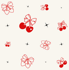 Seamless Red Bows & Cherries Pattern. Cute Holiday Festive Background.