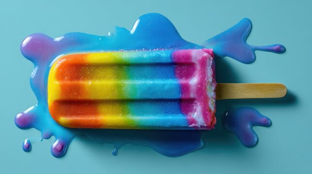 Melting Rainbow Popsicle on Blue Background