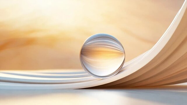 Glass Sphere on Abstract Curve: A crystal-clear glass sphere rests delicately on a gently curving abstract form, reflecting a warm, golden light. The scene evokes a sense of balance, serenity.