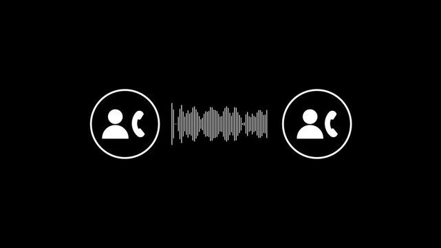 Animated graphic depicting two people on a phone call with audio waveform displayed on a black background for effective communication.