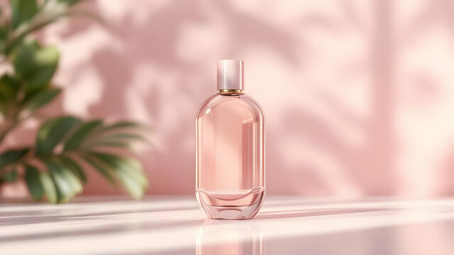 Perfume bottle mockup on pink background with leaf shadow for fragrance and beauty product showcase