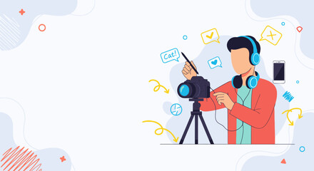 Faceless content creation character adjusting camera with tripod and accessories for YouTube content in modern flat vector style