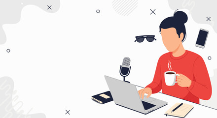 Faceless content creator character typing on laptop with coffee and mic for article writing in modern flat vector illustration