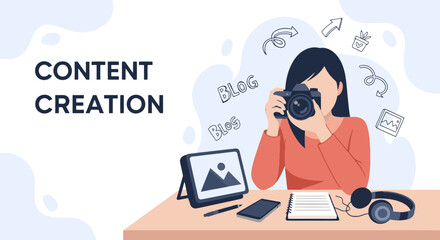 Faceless content creation character taking product photo with camera and accessories for marketing launch in modern flat vector style