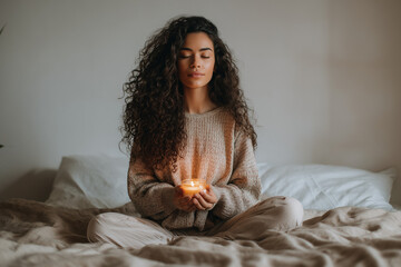 Girl holding candle with eyes closed on soft bed in calm light