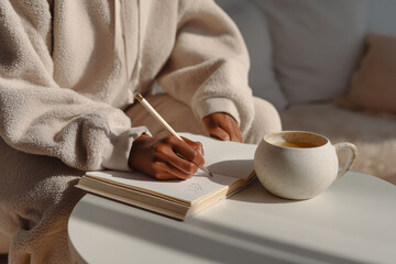 Young woman journaling at table with tea in bright cozy space