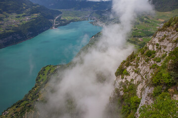 Summer Landscape in Amden, Swiss Alps, with Lake Walensee and Low Clouds
