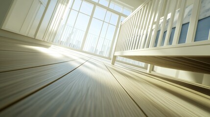 Obraz premium Sunlight streams across a light wooden floor, illuminating a white crib.