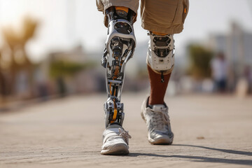 Man with a prosthetic leg walking outdoors on a paved surface. Accessibility, adaptive technology, physical therapy, futuristic leg.