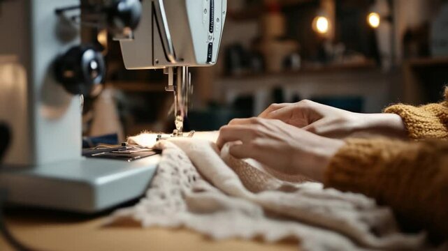 Close-up of hands using sewing machine to sew fabric. The focus is on the hands and the sewing machine.  The background is blurred