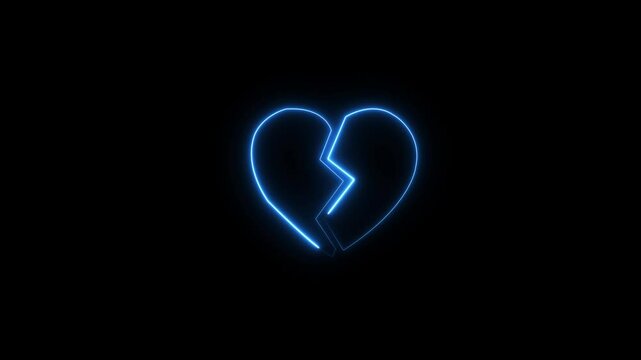 Sad love video animation Glowing broken heart neon icon .Animation icon of a broken heart 4k on black background. Concept of unrequited love broken heart neon sign animation Neon br