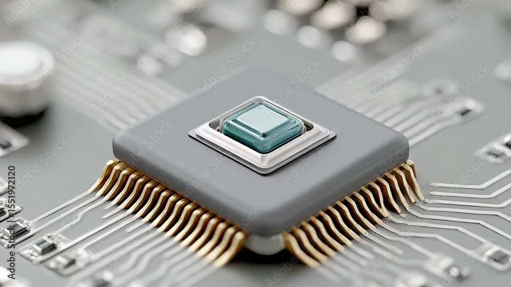Poster Technological Marvel: A macro shot reveals intricate detail of a sophisticated central processing unit (CPU) embedded within a complex circuit board, symbolizing modern advancements.