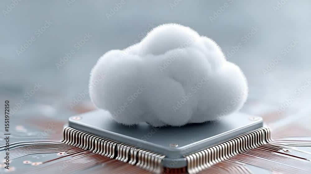 Poster Cloud Computing Core: A conceptual image showcasing a fluffy cloud resting atop a computer chip, symbolizing the convergence of cloud computing and hardware