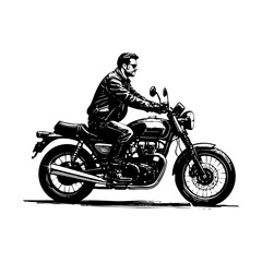 Man riding motorbike sketch engraving black and white outline. Scratch board imitation.  illustrated in vintage line art style on a white background.