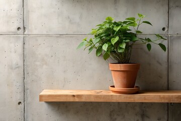 Naklejka premium A potted plant sits serenely on a light wooden shelf against a backdrop of a textured concrete wall.