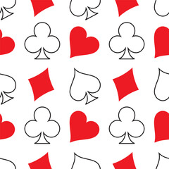 Seamless pattern of playing card symbols. Spades, clubs, hearts, diamonds isolated on a white background. Vector illustration