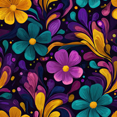 Colorful Floral Pattern: Vibrant Hand-Drawn Botanical Design with Purple and Yellow Blooms for Whimsical Spring and Summer Wallpaper
