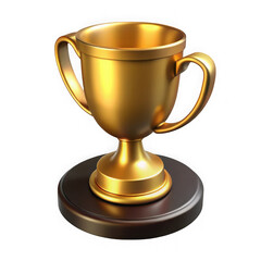 Golden trophy cup with handles on a dark base isolated on transparent background