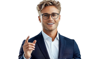 Confident young man in formal attire smiling and pointing while holding a smartphone, isolated on white background with elegant style and positive energy