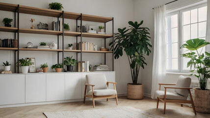 Scandinavian Wall with Books and Plants – Minimalist Home Interior