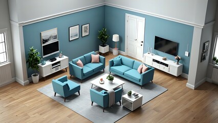Fototapeta premium A living room featuring blue sofas, chairs, white cabinets, and light wood flooring, creating a modern and inviting interior design.
