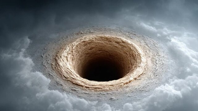 Mysterious Abyss: A mesmerizing visual depicting a deep, dark hole, seemingly carved from the earth, surrounded by dramatic clouds, creating a sense of mystery and the unknown.