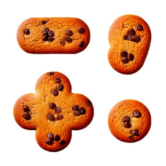 Punctuation marks shaped like a chocolate chip cookie, golden-brown with realistic cracks and melty chips. Soft, puffy, and playful, perfect for food-themed designs or sweet branding