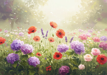 Obraz premium A beautiful flower field with red poppies, purple hydrangeas, and pink roses blooming under soft light