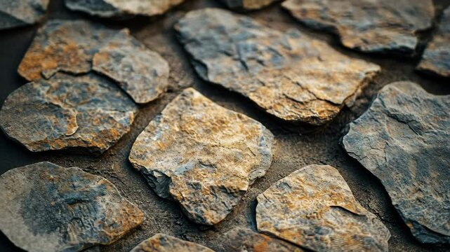 Close-up of irregularly shaped stones, various shades of brown and grey, set in dark grout