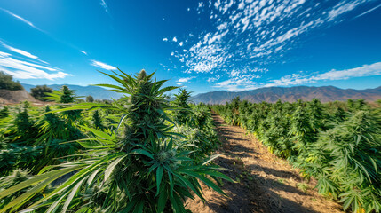 expansive cannabis farm under a clear blue sky