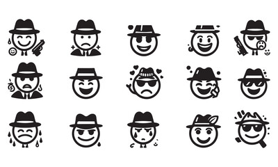 Happy emoji icon set silhouette line art Gangster Emoticons Emoji smiling face vector illustration