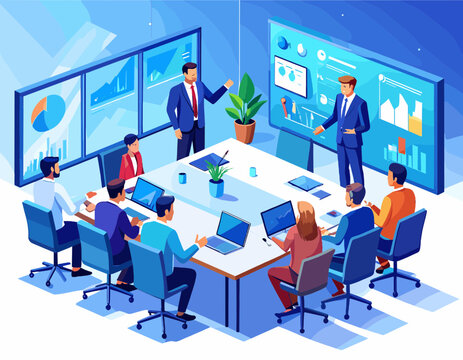 Business Meeting in a Blue Tone Conference Room Presentation with Team Members around a Table and Data Displaying on Screens