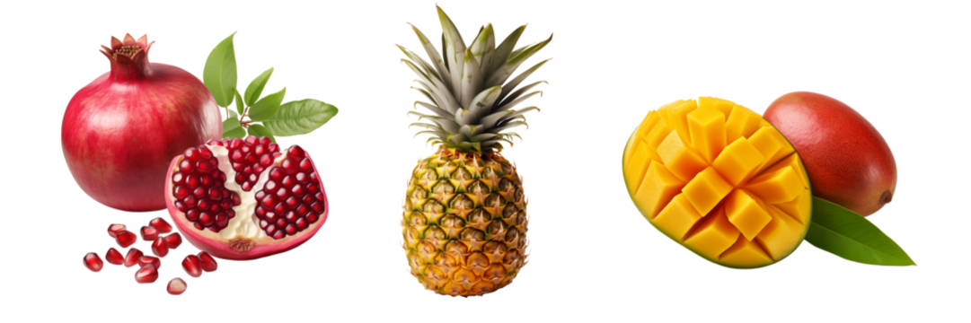 Fresh pomegranate, pineapple, and mango fruits, isolated, transparent background, no background, set